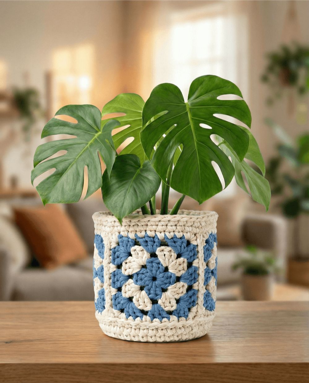 Adorable crochet plant pot cover in neutral tones