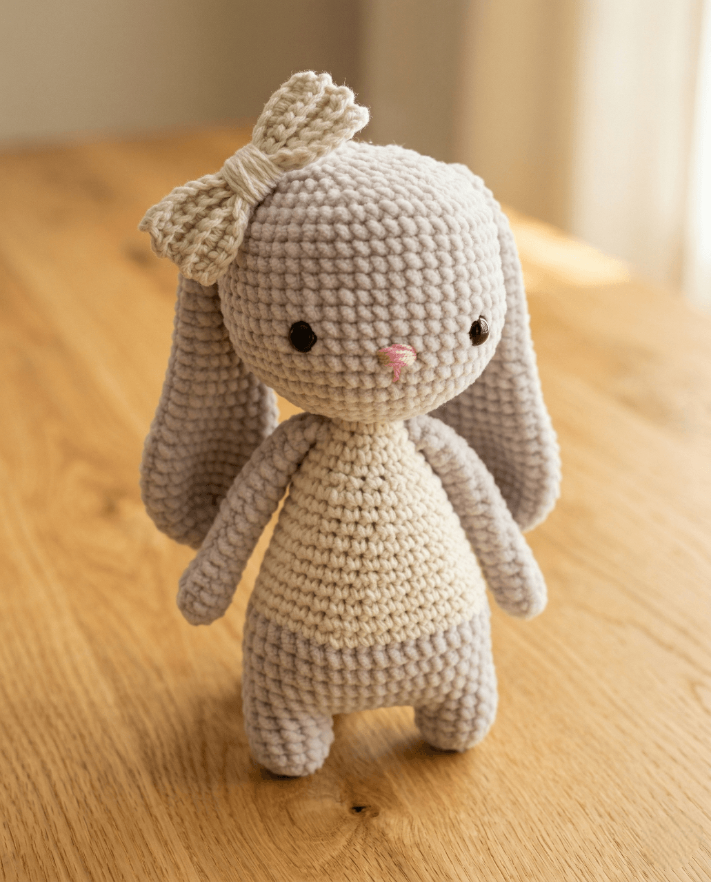 Crochet amigurumi bunny with long ears and cute details