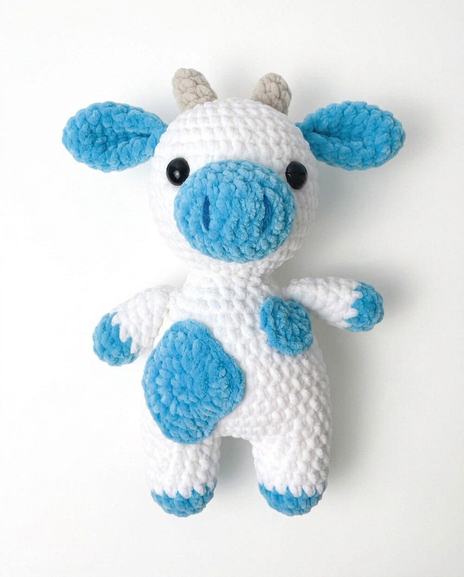 Plush velvet crochet cow amigurumi in soft blue and white with a heart shaped belly patch