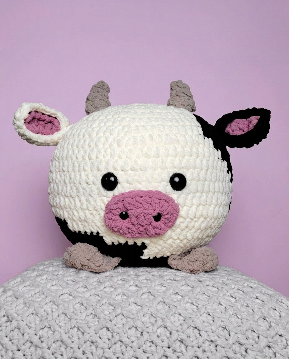 Large round crochet cow squish in white with black spots and a pink nose