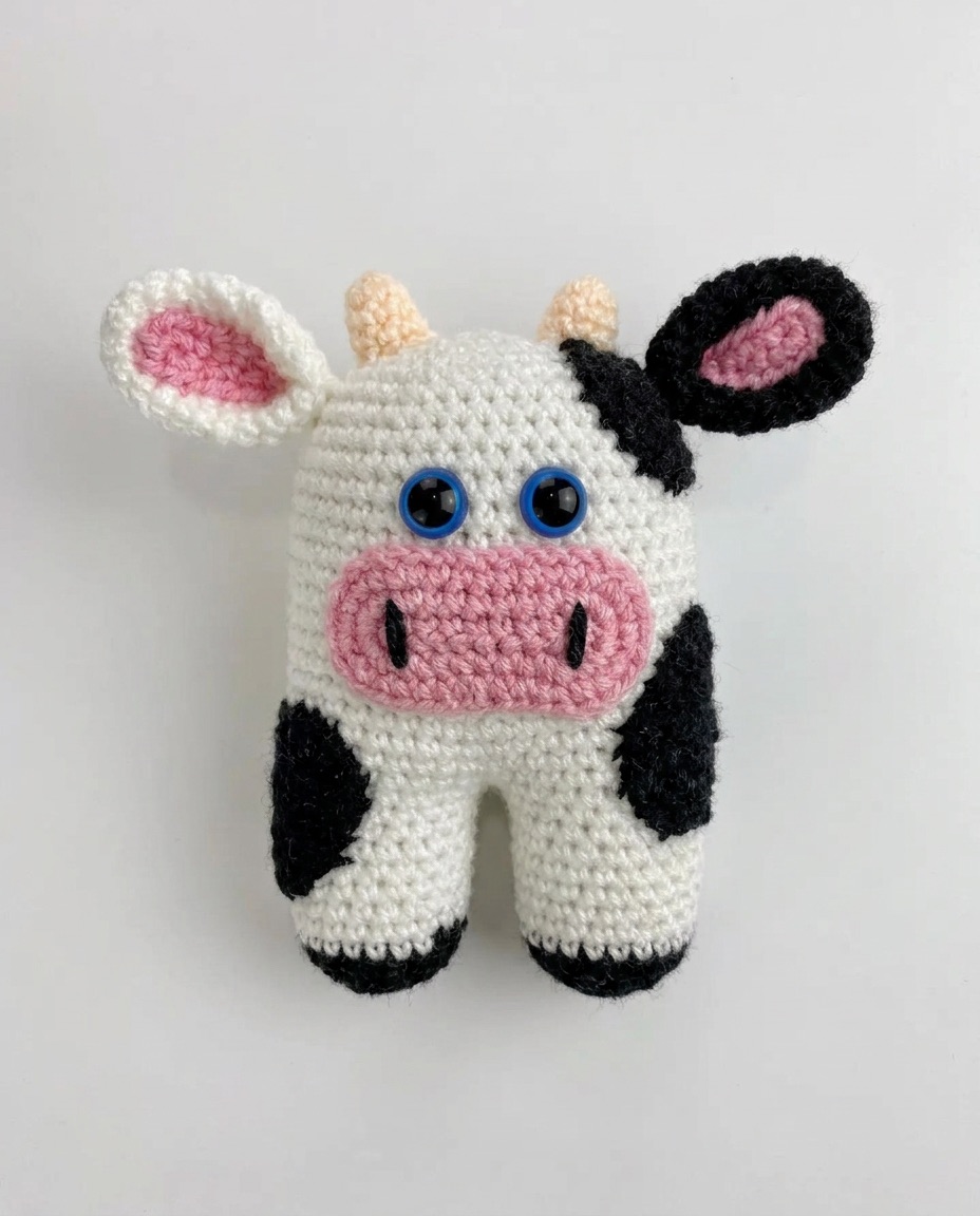Black and white crochet cow amigurumi with blue eyes and a pink muzzle