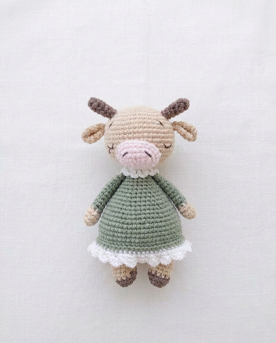 Crochet cow doll wearing a green dress with sleepy embroidered eyes