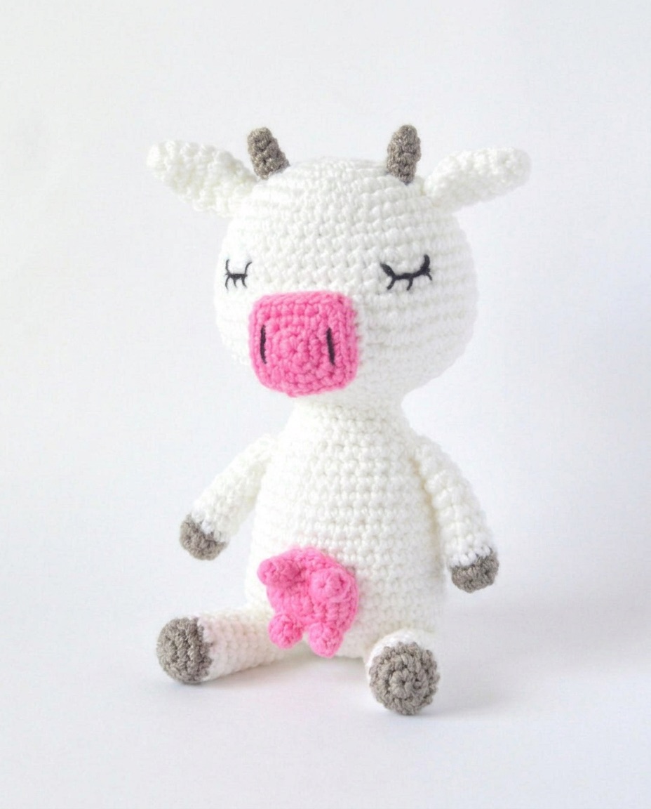 White crochet cow amigurumi with sleepy embroidered eyes, a pink muzzle, and a small udder