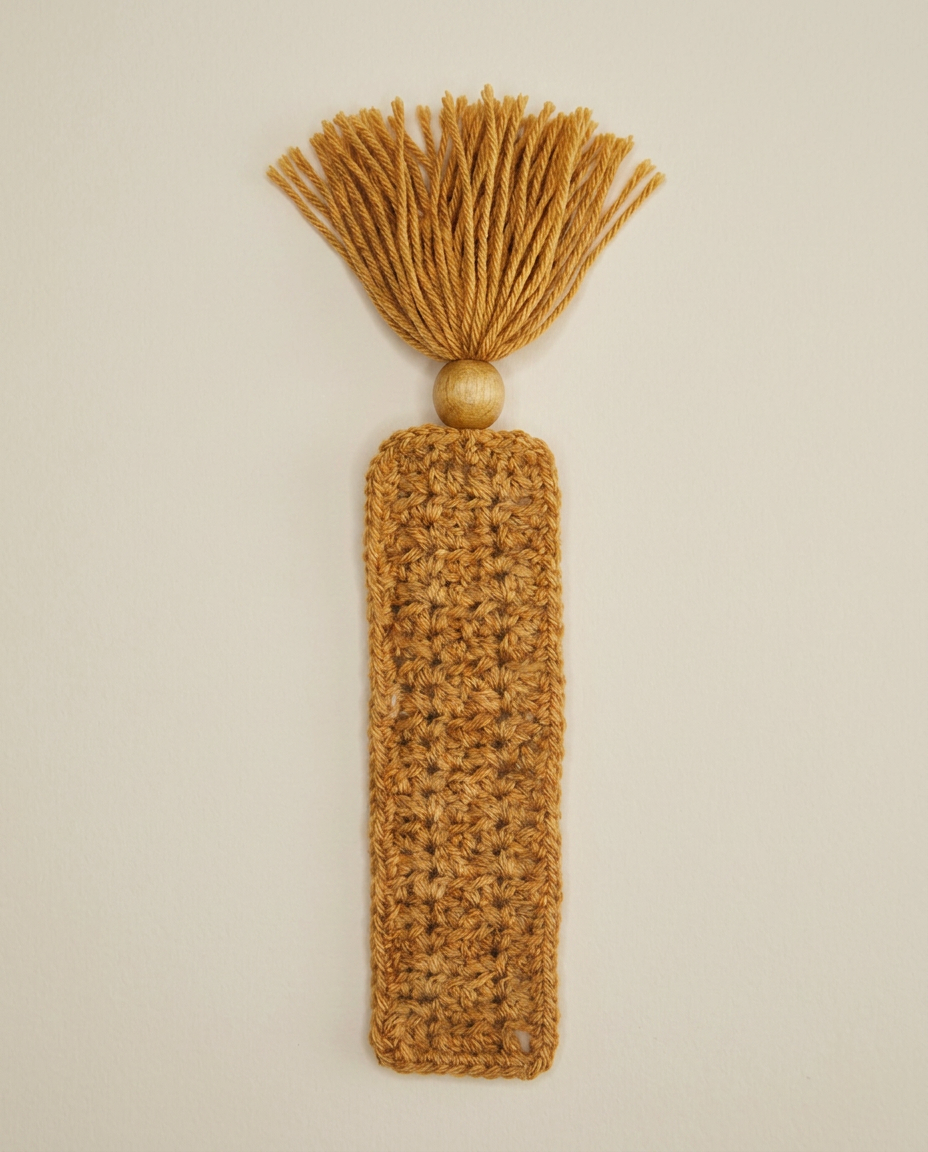 Honey gold crochet bookmark with a textured V stitch body topped with a wooden bead and a generous yarn tassel