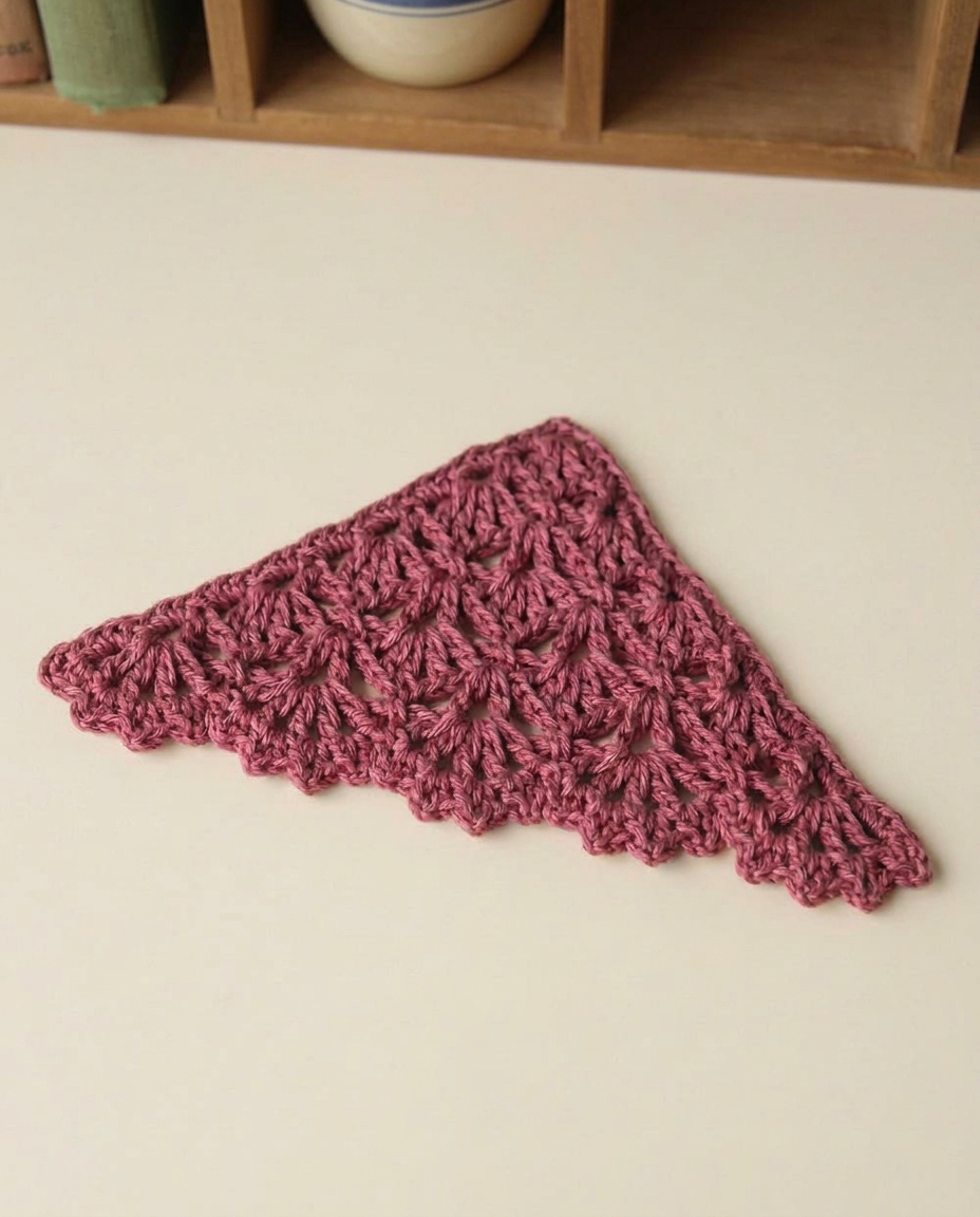 Dusty mauve crochet triangle corner bookmark worked in a fan shell stitch with a picot edged hypotenuse
