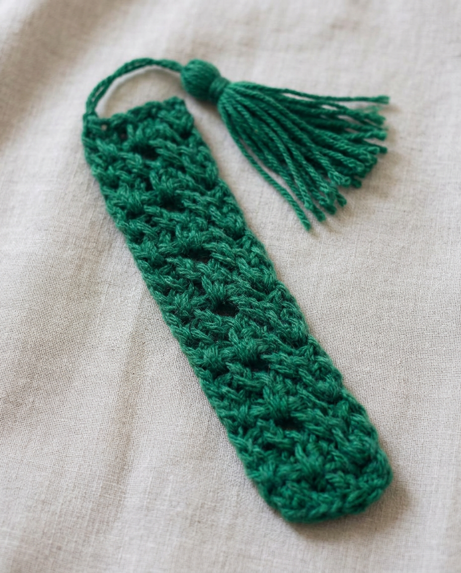 Emerald green crochet bookmark with a lacy chain space stitch pattern and a matching tassel attached to one end