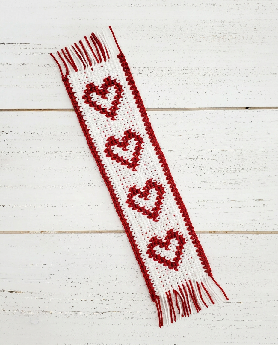 Crochet bookmark in red and white tapestry crochet featuring a column of outlined hearts with red fringe at both ends