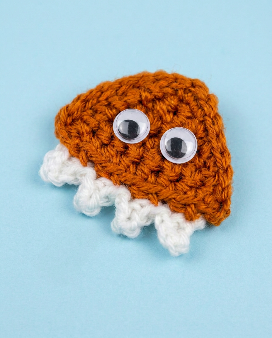 Pumpkin orange crochet corner bookmark shaped like a smiling monster with googly eyes and a row of white pointed teeth along the bottom edge