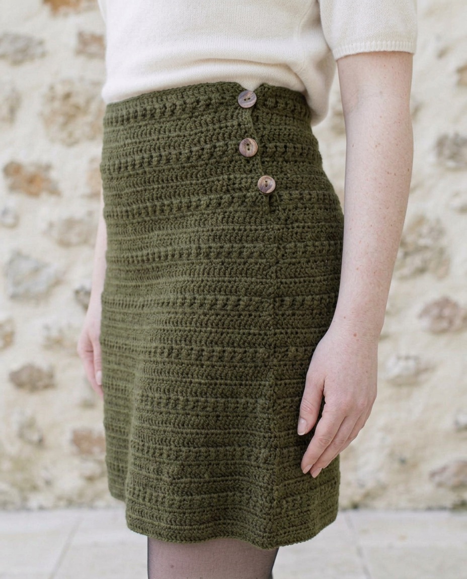 Olive green high-waisted crochet skirt with a structured woven texture and three buttons at the side of the waist
