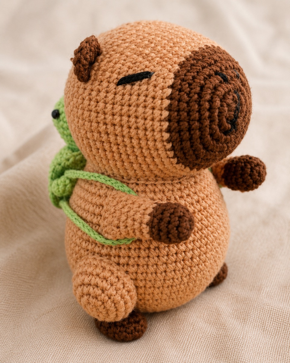 Tan crochet capybara amigurumi with closed eyes and a dark brown muzzle, wearing a small green backpack