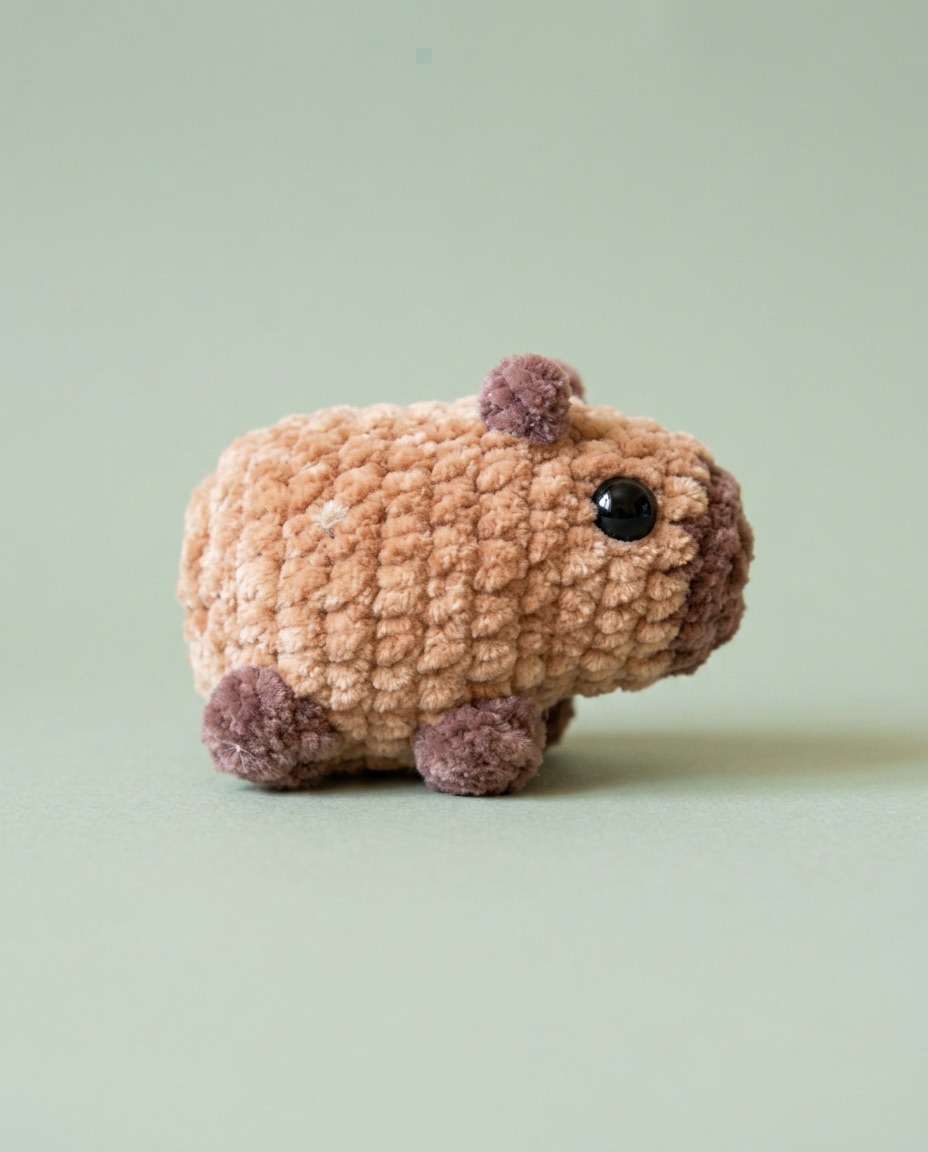 Tiny pocket-sized crochet capybara in beige chenille velvet yarn with a single black bead eye