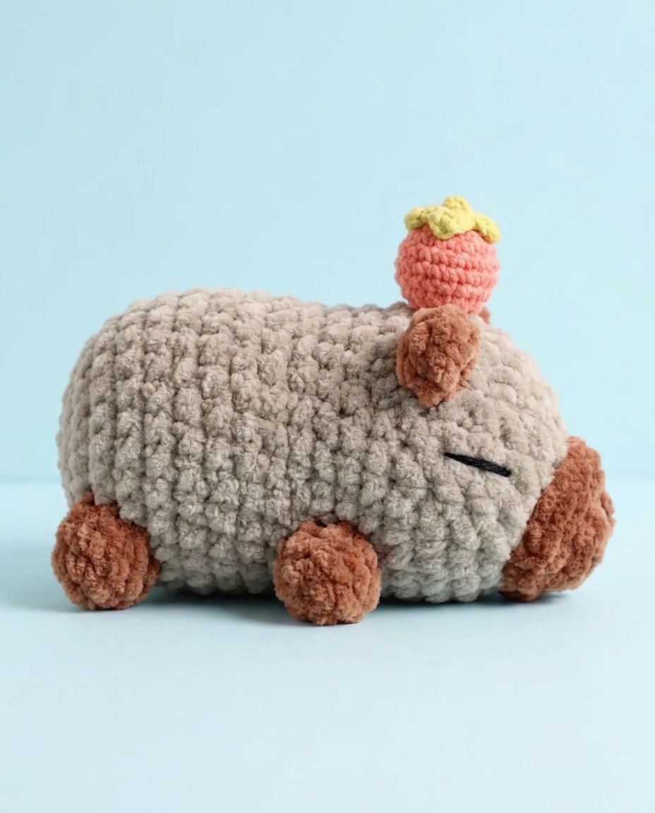Large squishy grey velvet crochet capybara lying down and holding a small strawberry