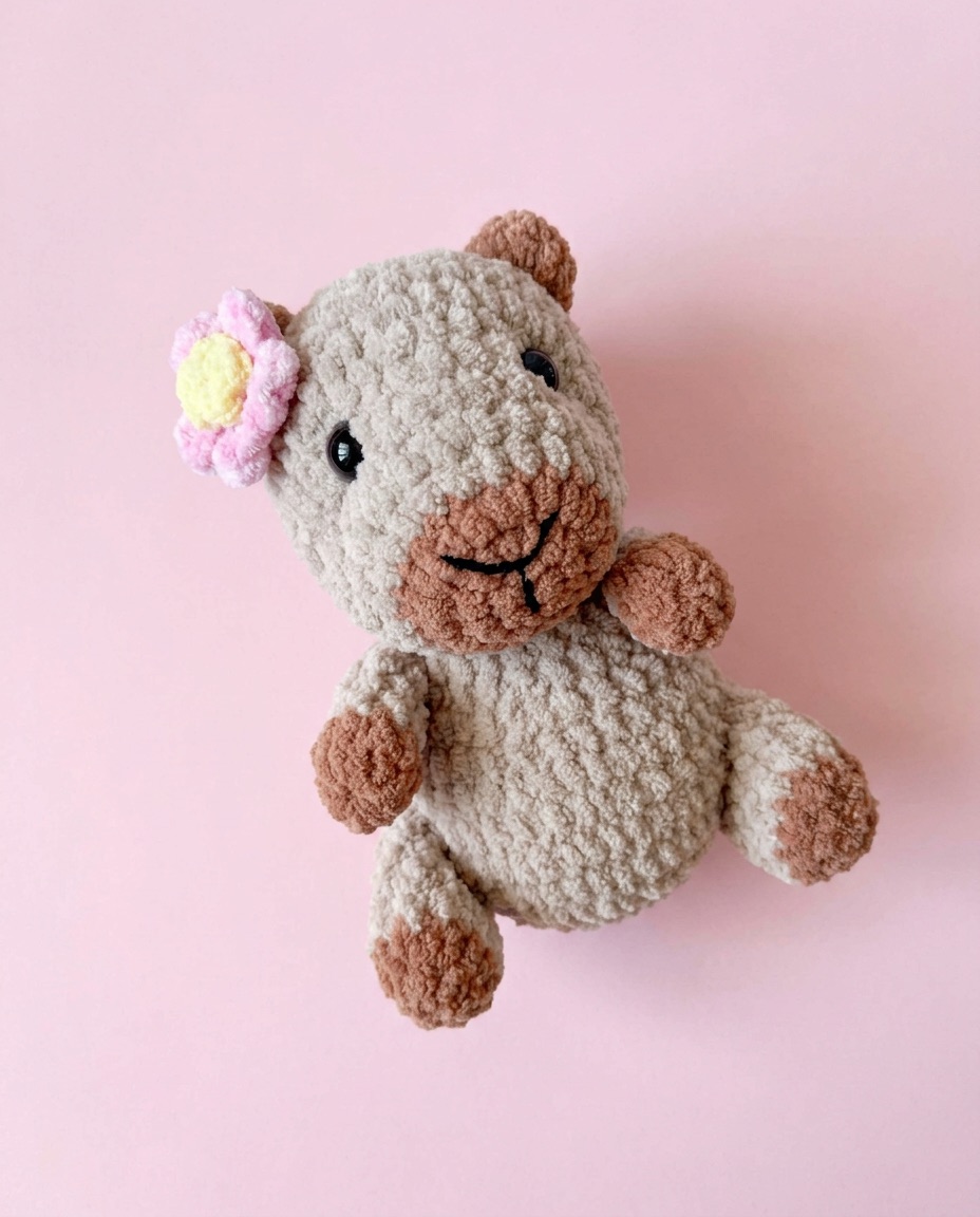 Soft chenille crochet capybara in greige with a brown muzzle and a pink flower beside one ear