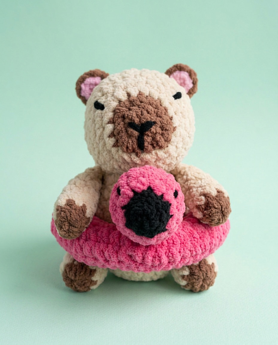 Cream chenille crochet capybara holding a pink flamingo pool ring