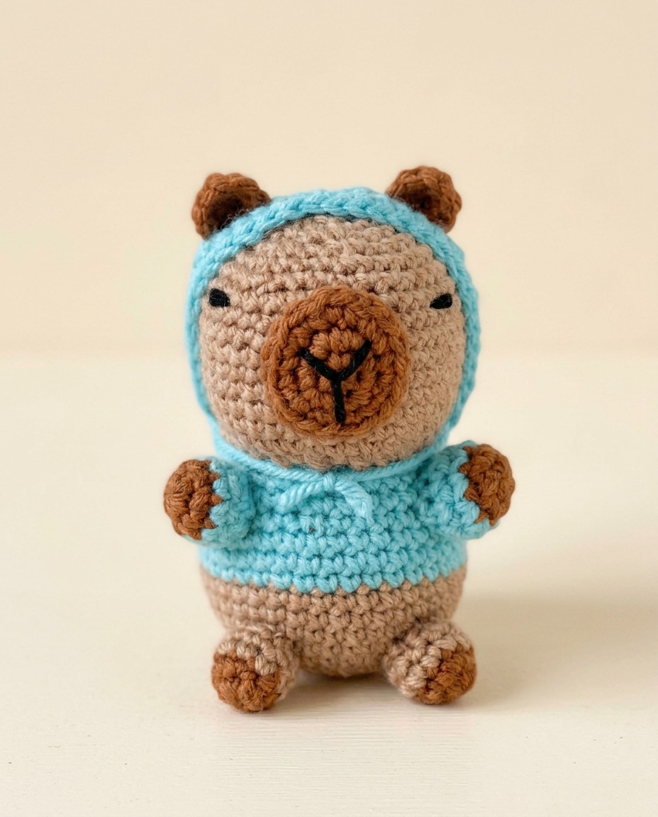 Tan crochet capybara wearing a removable light blue hoodie
