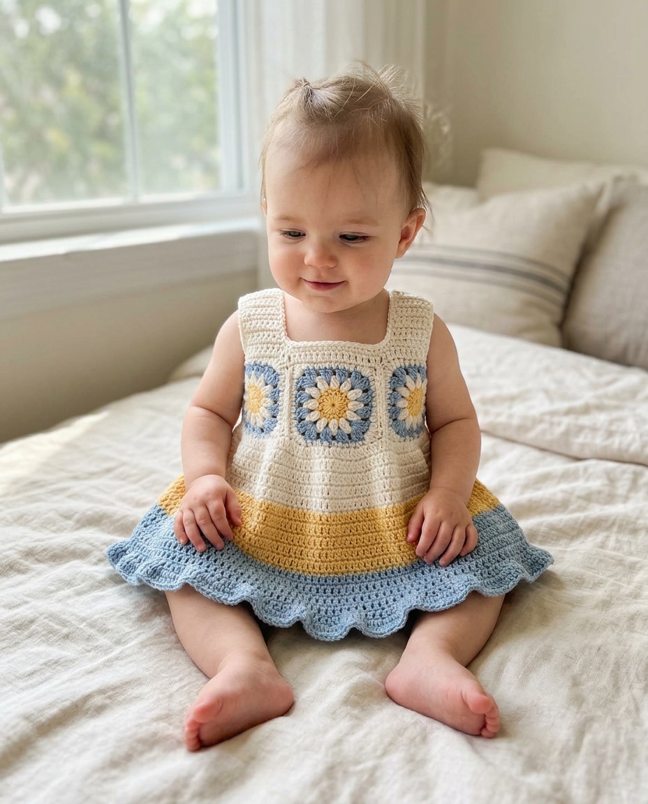Baby wearing a crochet sundress with a daisy granny square bodice, a cream, yellow, and soft blue striped skirt, and a scalloped hem