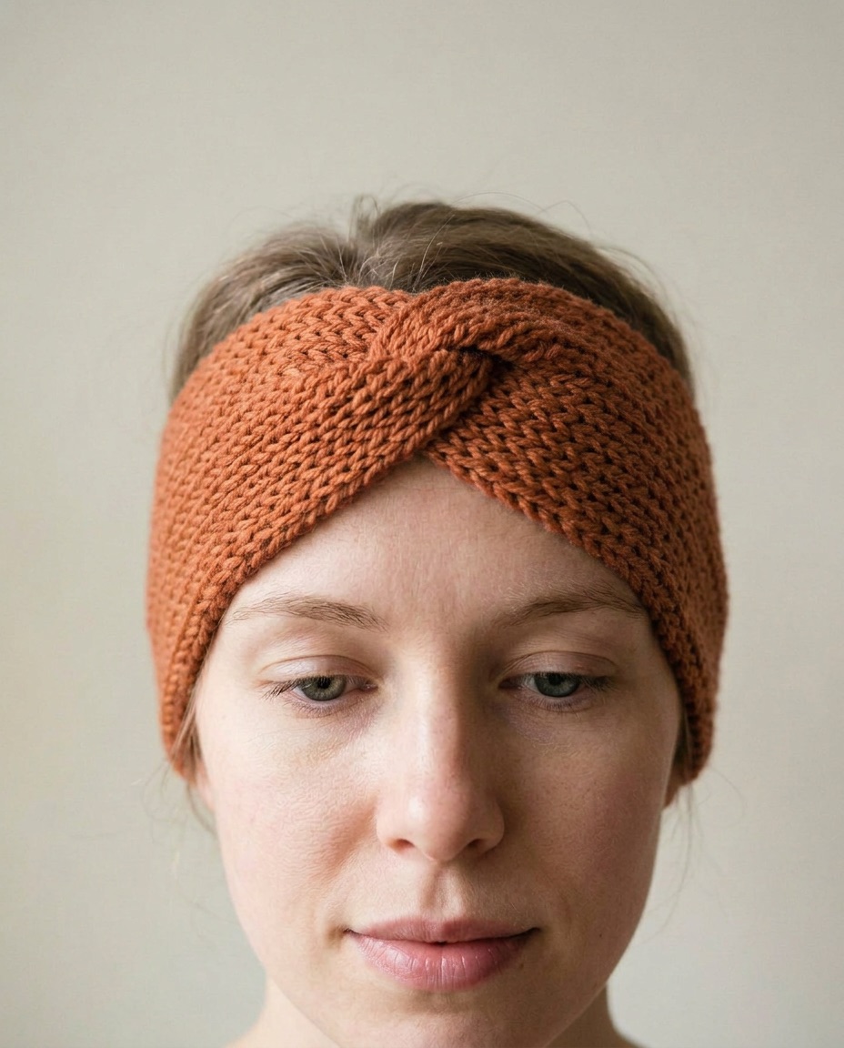 Rust orange knit-look twist crochet headband worn across the forehead
