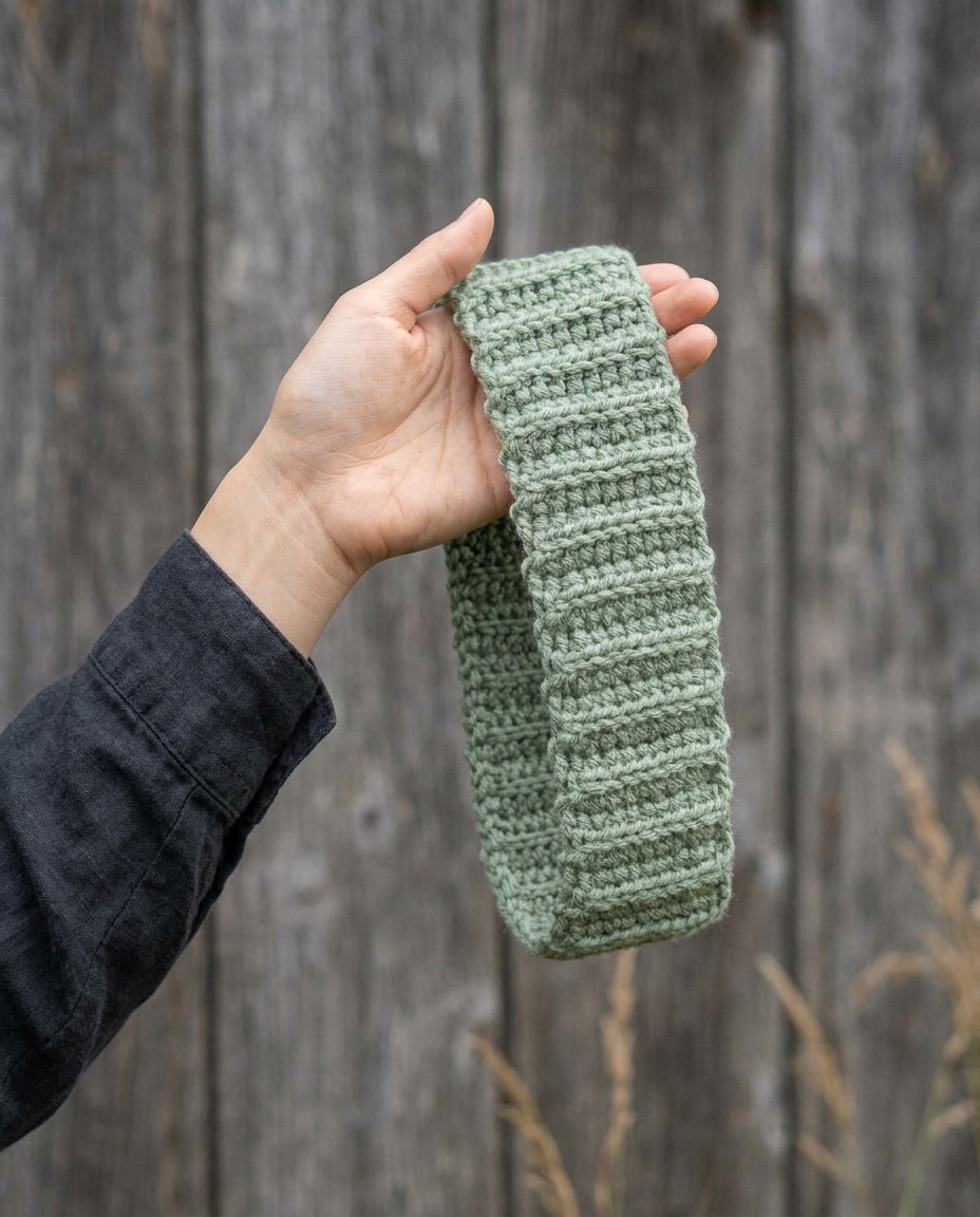 Sage green ribbed crochet headband held in one hand