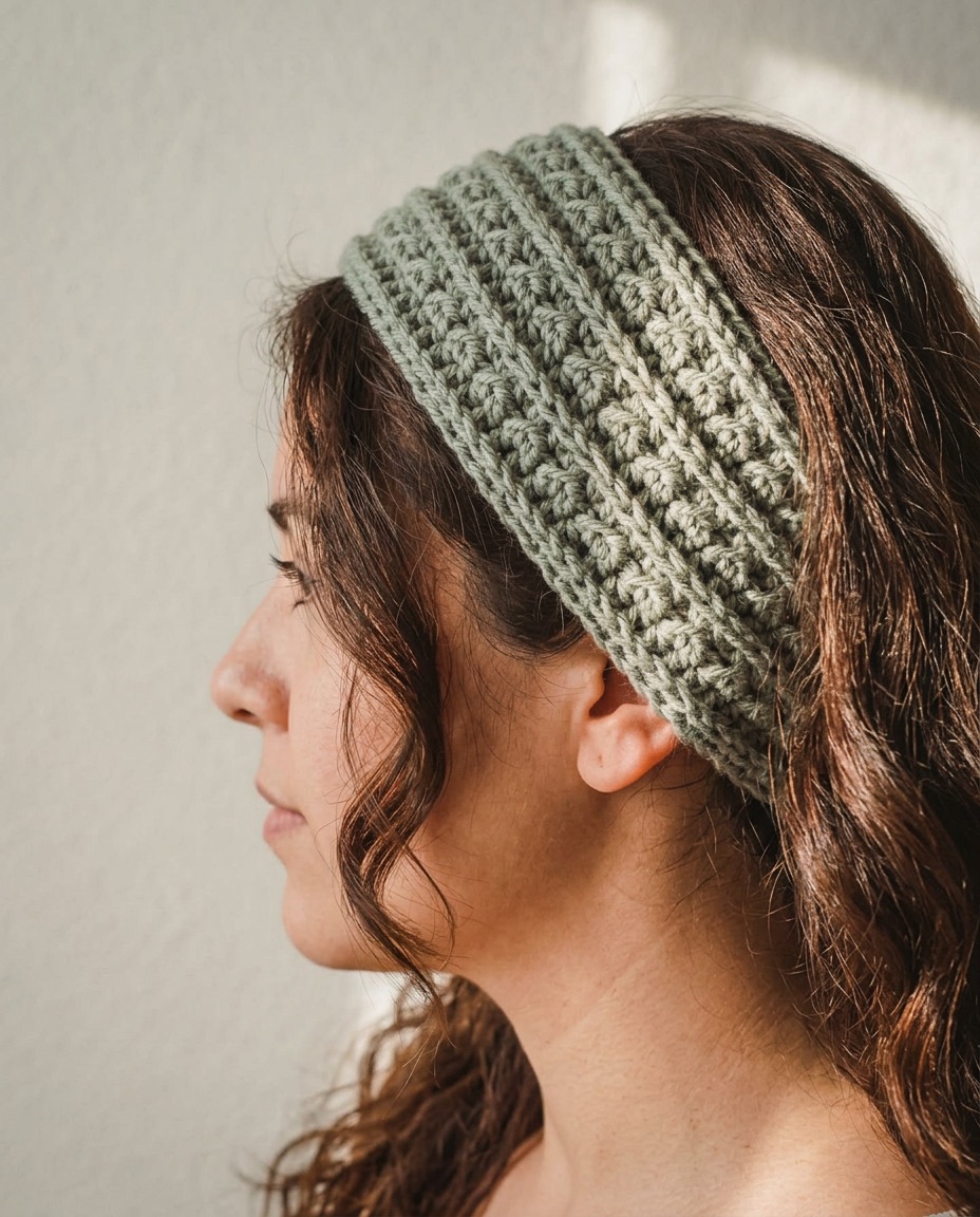 Sage textured ridge crochet headband worn, side profile