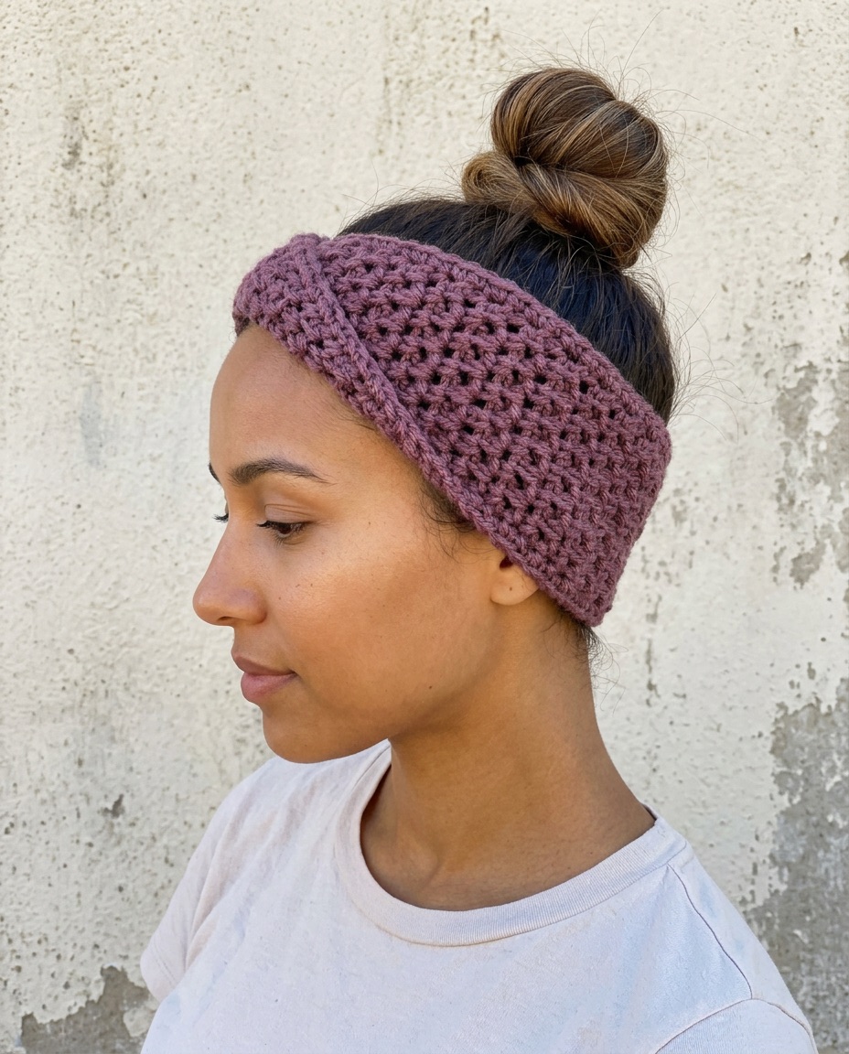 Mauve twisted crochet headband worn with a high messy bun