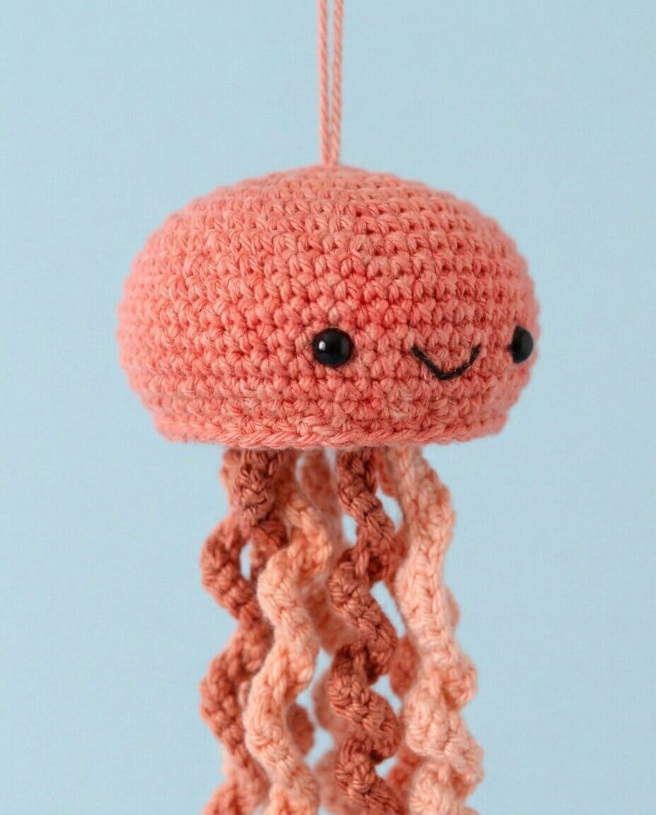Close up of the curly trailing tentacles on the crochet jellyfish amigurumi