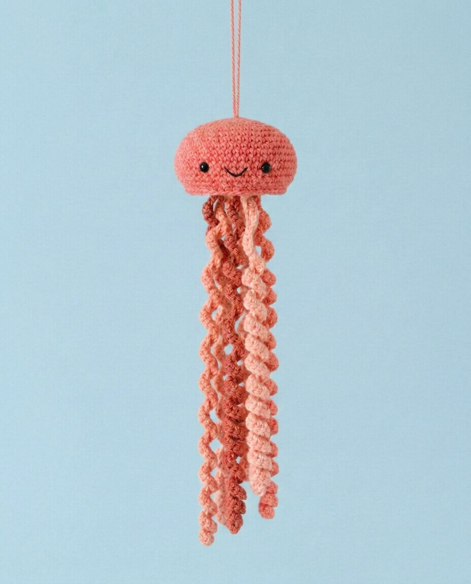 Soft crochet jellyfish amigurumi with a rounded head and long curly tentacles