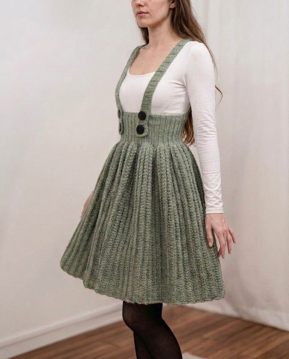 Sage green ribbed crochet pinafore skirt with a full A-line skirt and button-on suspender straps over a white long sleeve top