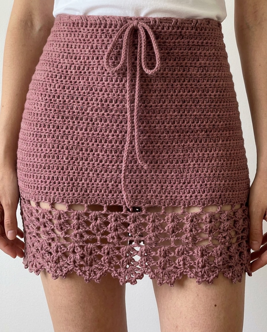 Dusty rose crochet mini skirt with a solid body and a deep shell and picot lace border at the hem, with a drawstring waist