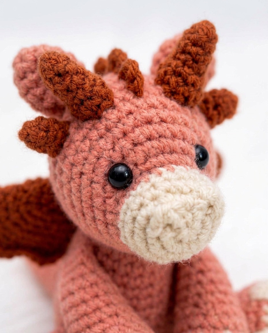 Danny the Dragon crochet amigurumi with blue body, teal wings, and ridged spine