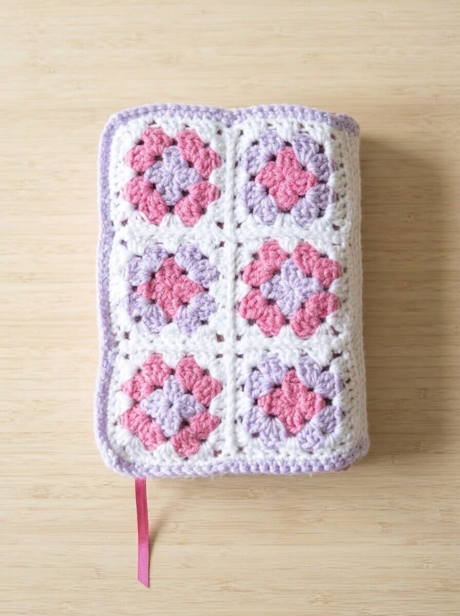 Crochet Bible cover made of pink, lavender, and white granny squares with a pink ribbon bookmark