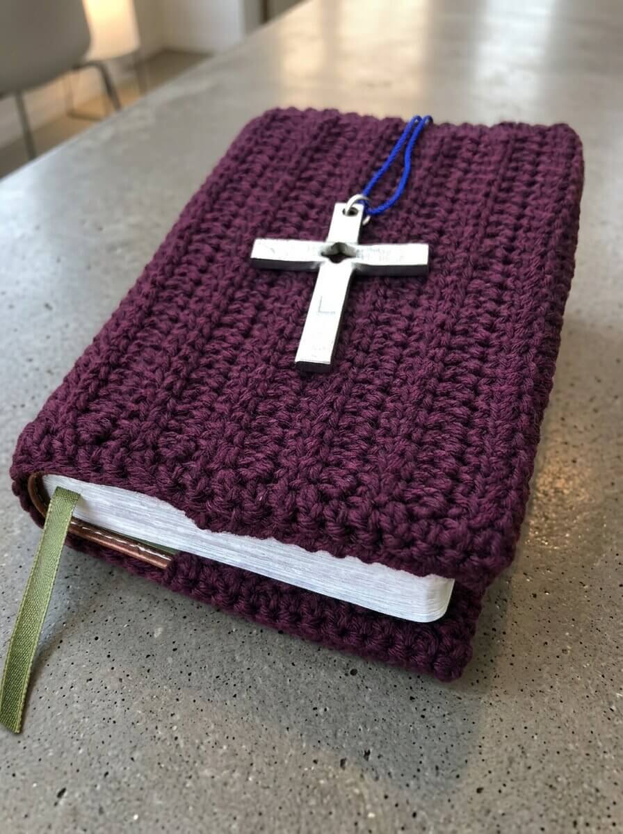 Deep plum crochet Bible cover in a dense linked stitch with a silver cross charm bookmark