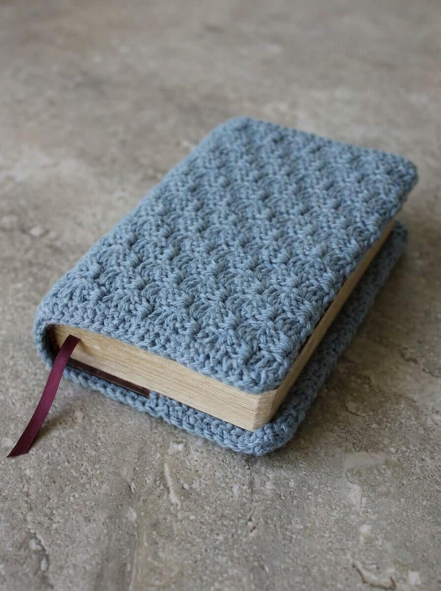 Slate blue crochet Bible cover with a dense woven texture and a burgundy ribbon bookmark