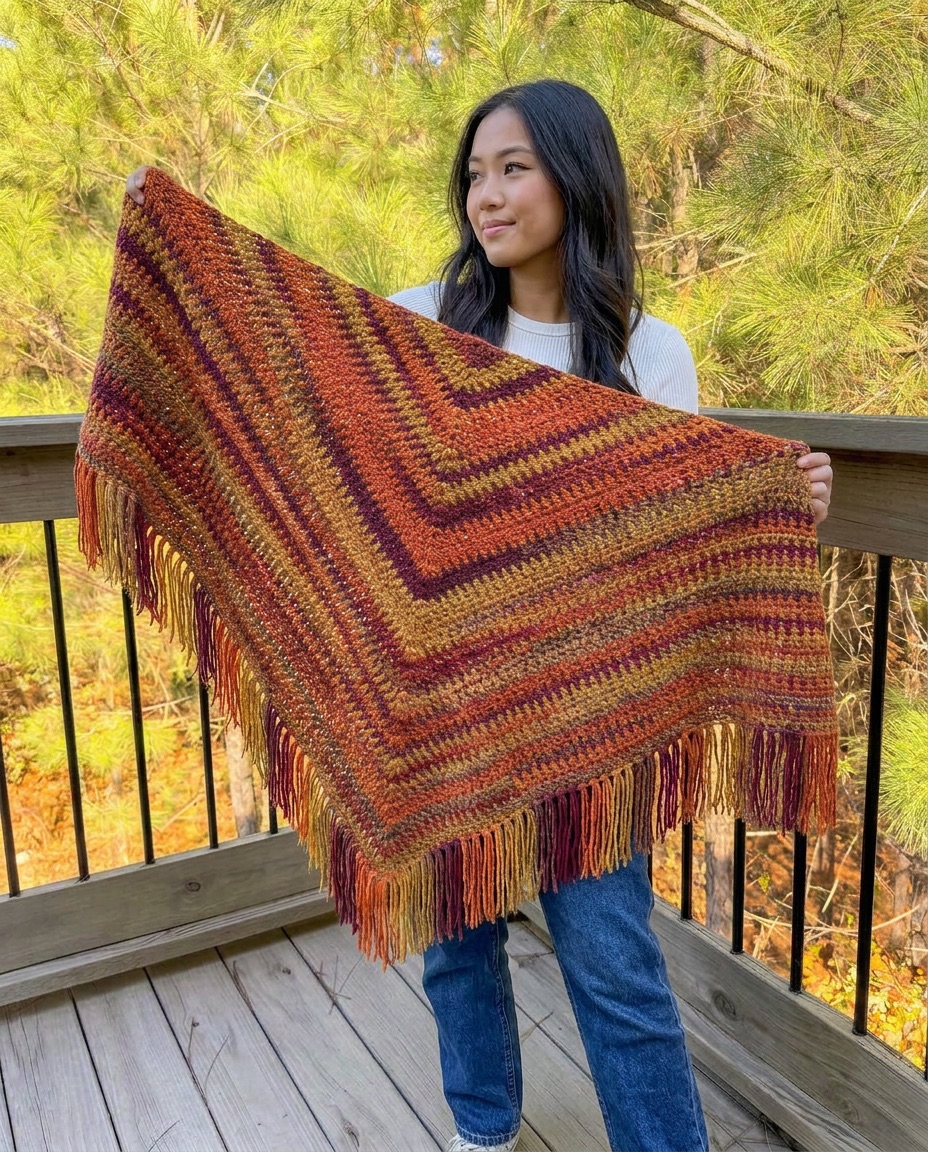 Autumn-toned crochet triangle shawl in rust, gold, and plum stripes with long fringe along the edges, held open outdoors