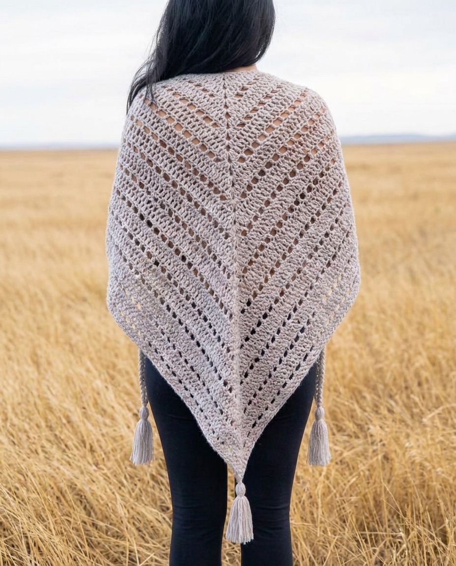 Soft grey crochet triangle shawl with lacy rows and tassels, shown from the back over black leggings in a field
