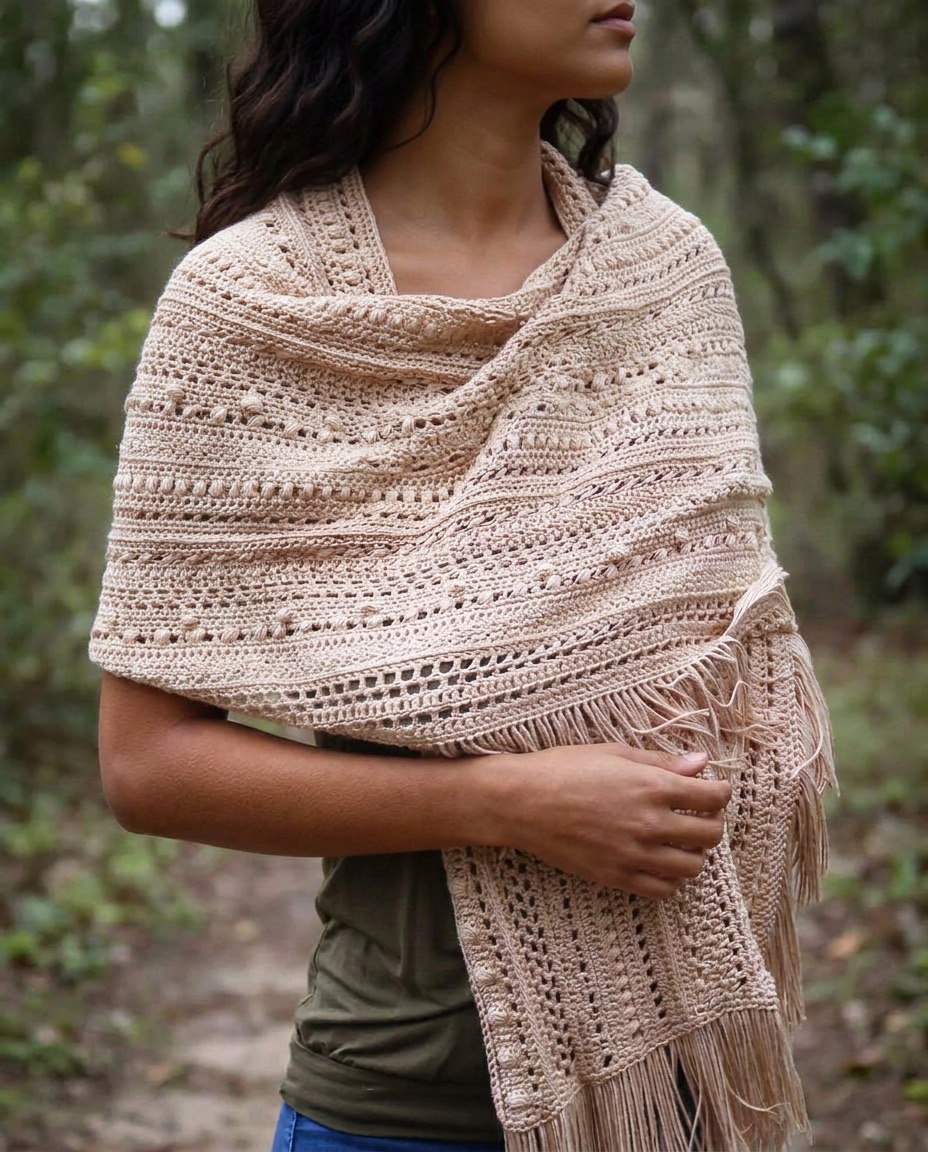 Cream textured crochet wrap with rows of bobbles, puffs, and lace finished with long fringe, wrapped around the shoulders in the woods