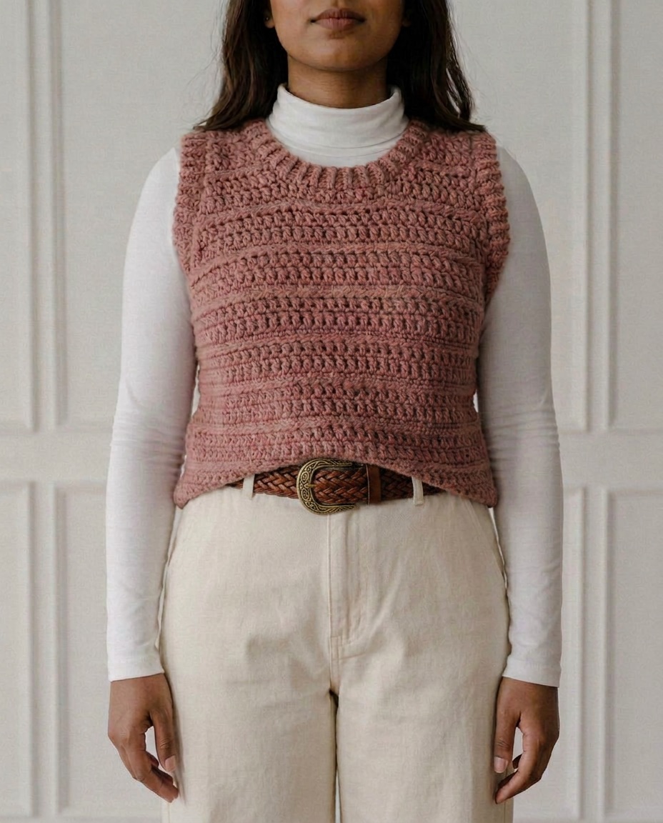 Dusty pink crochet sweater vest with horizontal textured ridges and a ribbed crew neckband, layered over a white turtleneck