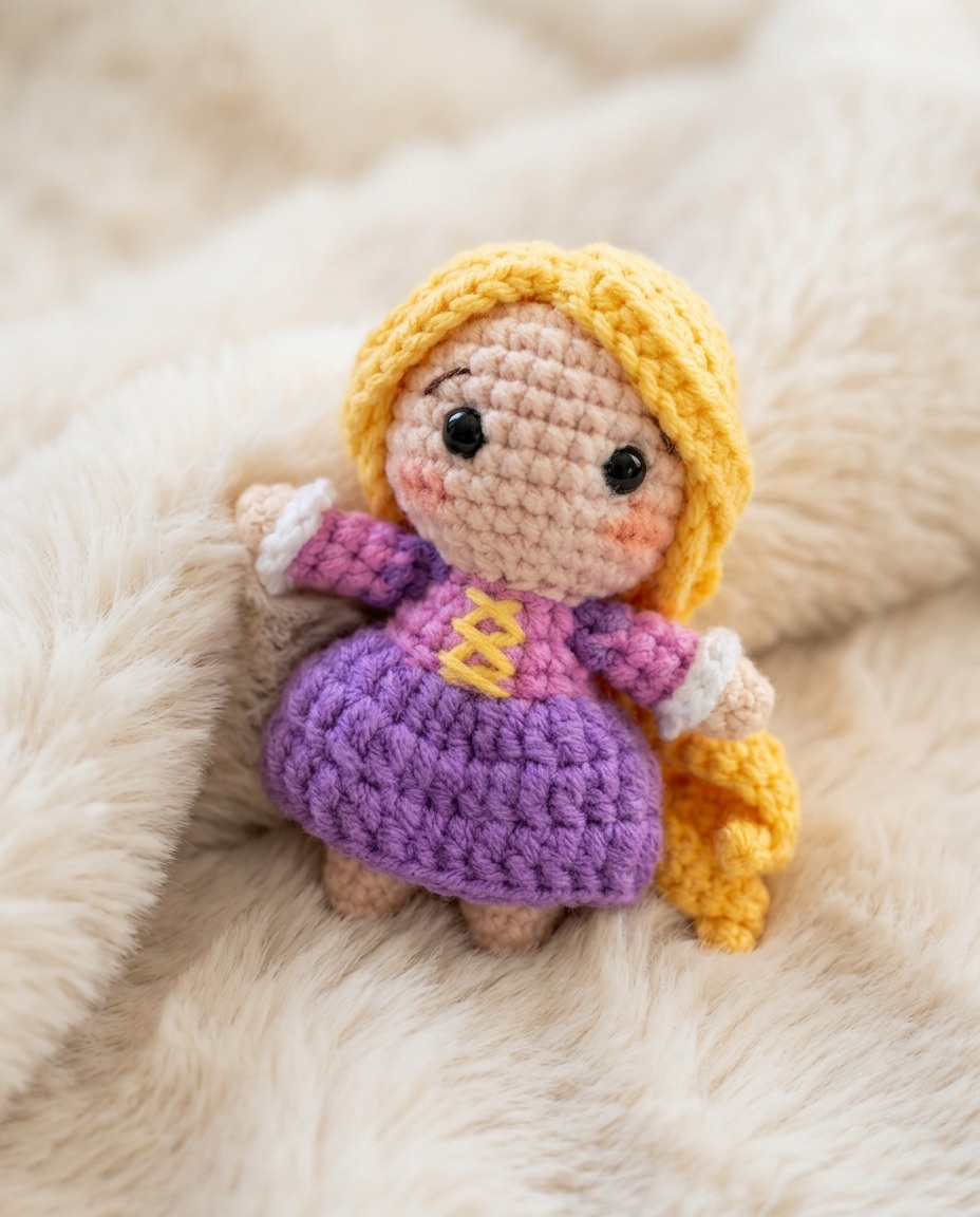 Mini crochet Rapunzel amigurumi doll with a long braided blonde plait, a pink and purple dress with a yellow laced bodice, and white cuffs