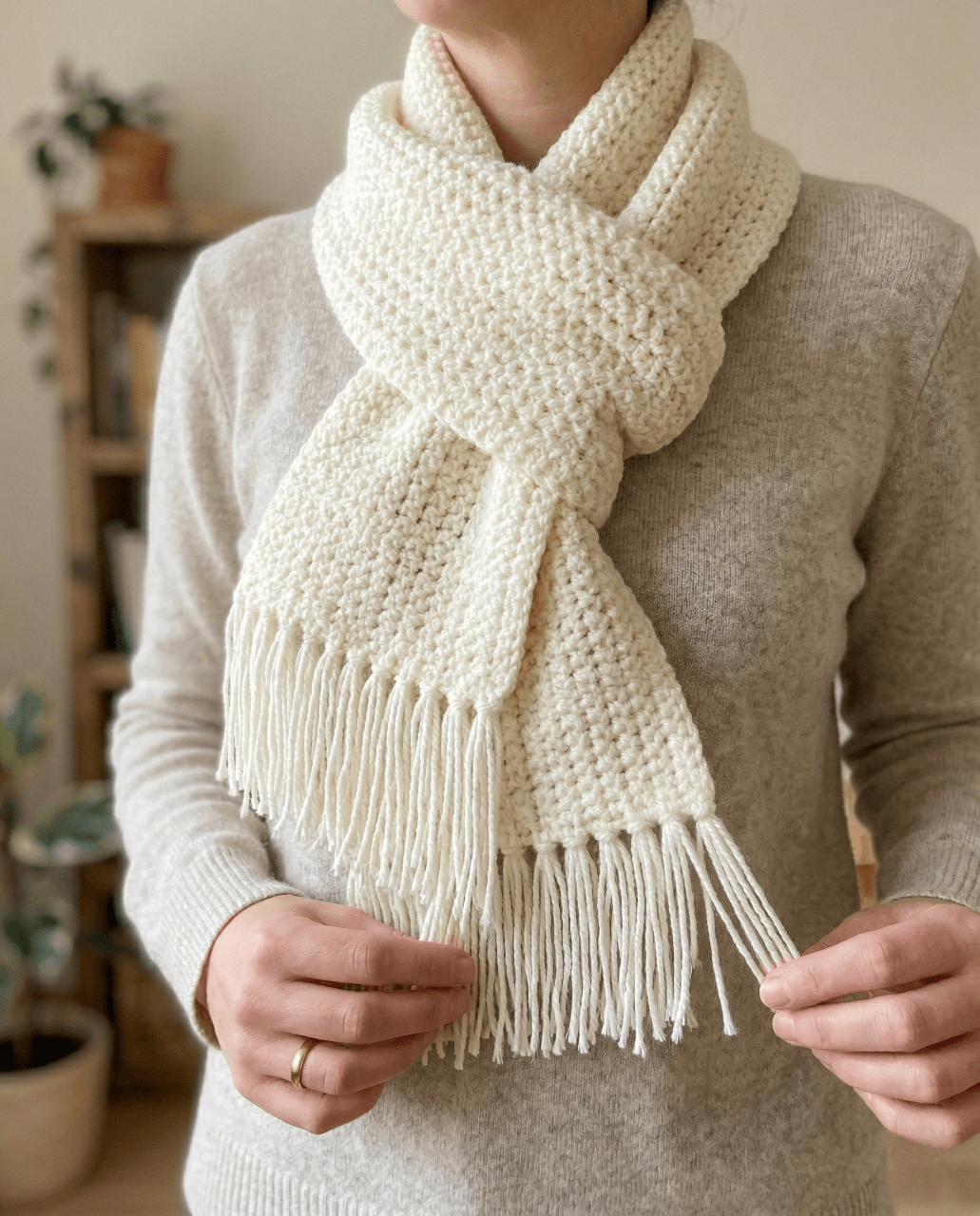 Cream colored Champagne Scarf with tassels and textured stitches