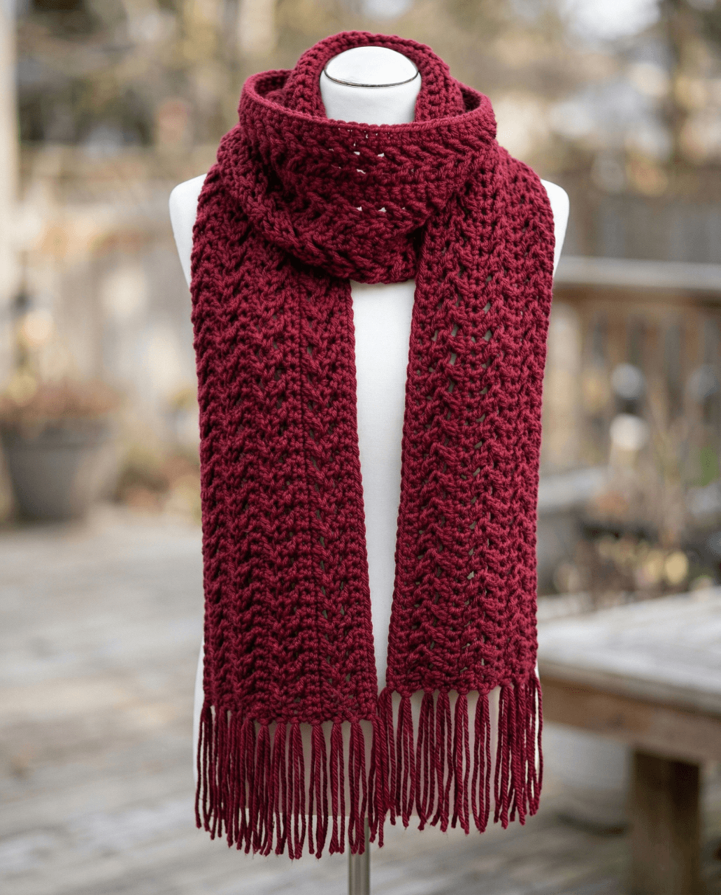 Deep burgundy super scarf with textured crossed stitches and fringe