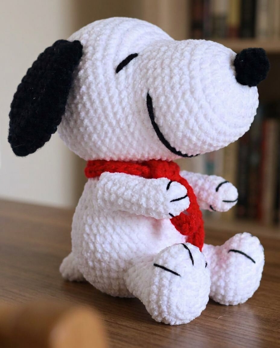 Classic white crochet Snoopy amigurumi made with chenille yarn