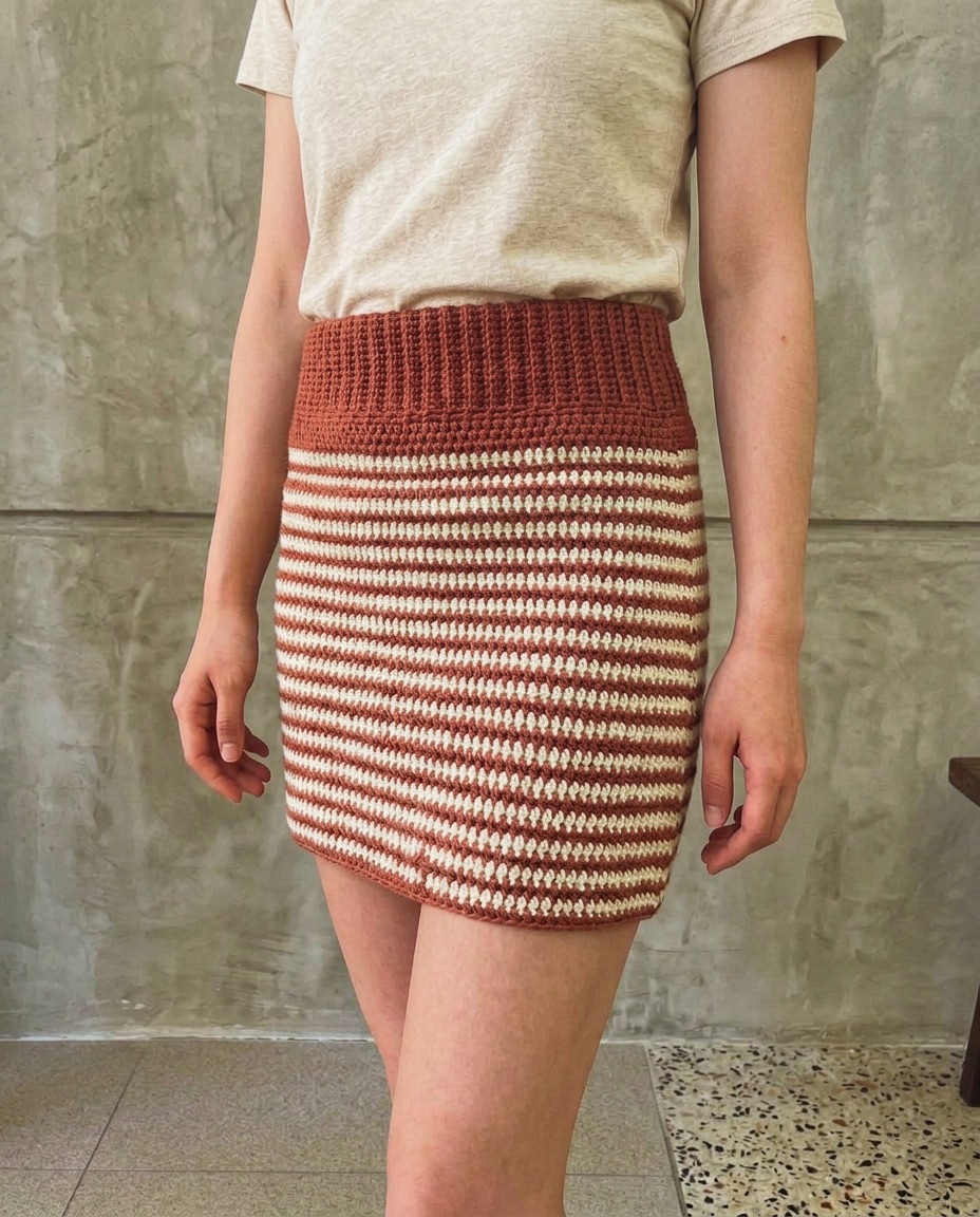 Fitted crochet mini skirt with horizontal terracotta and cream stripes and a ribbed waistband, worn with a beige tee