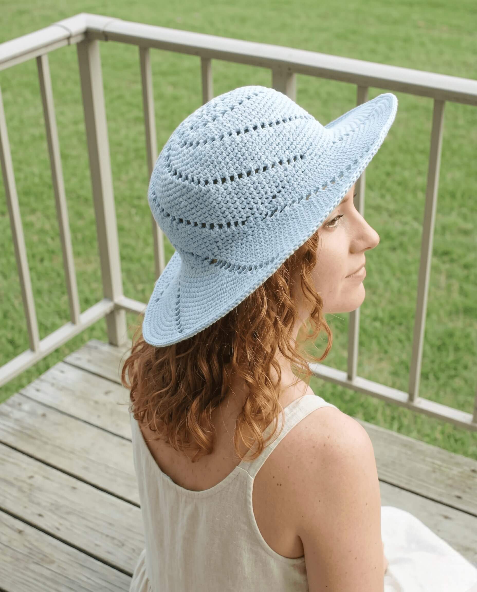 Sunsational crochet summer hat with a spiral stitch design and a shaped wired brim