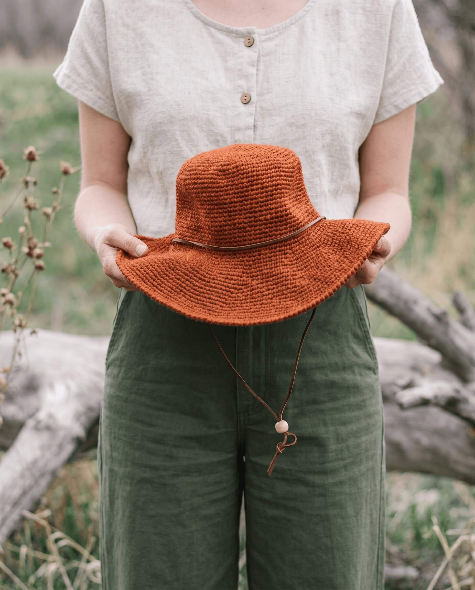 Cleo Fedora crochet sun hat with a wide brim and classic pinched fedora crown