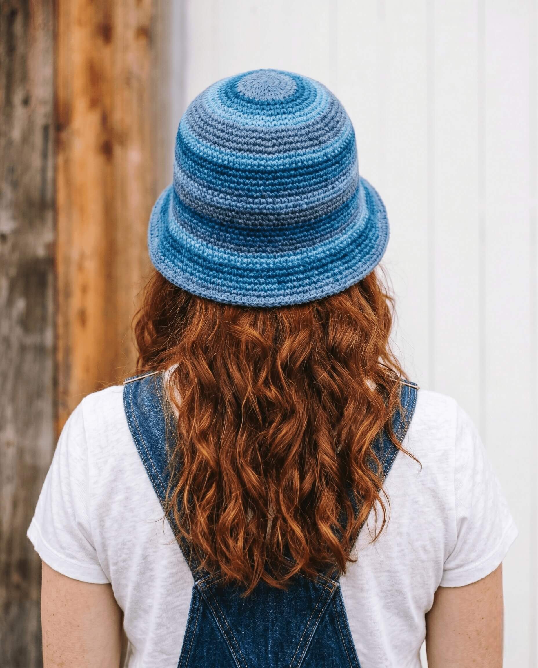 Scrappy crochet bucket hat in mixed cotton colors with a soft reversible brim