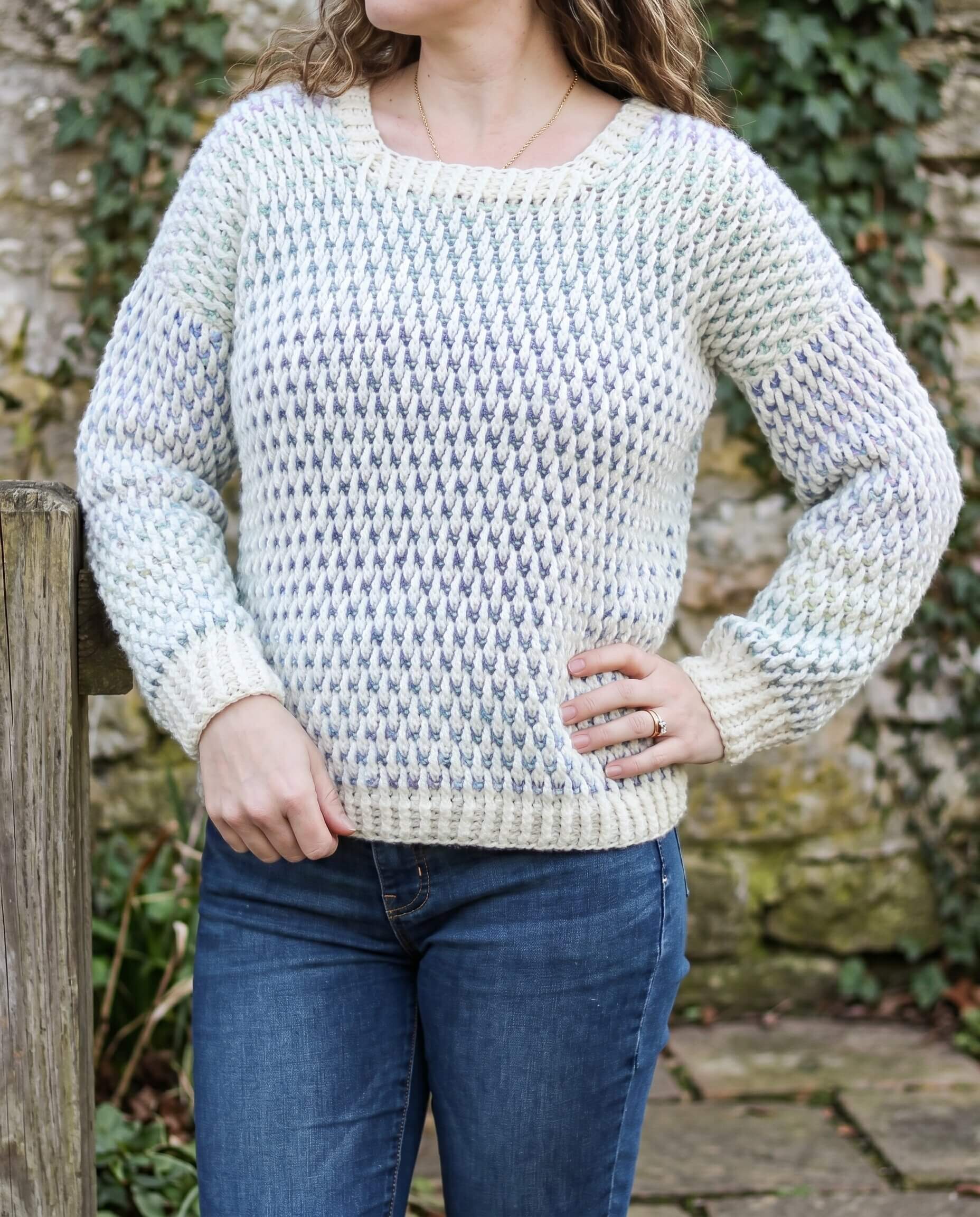 Oversized crochet sweater worked in alpine stitch with a relaxed fit