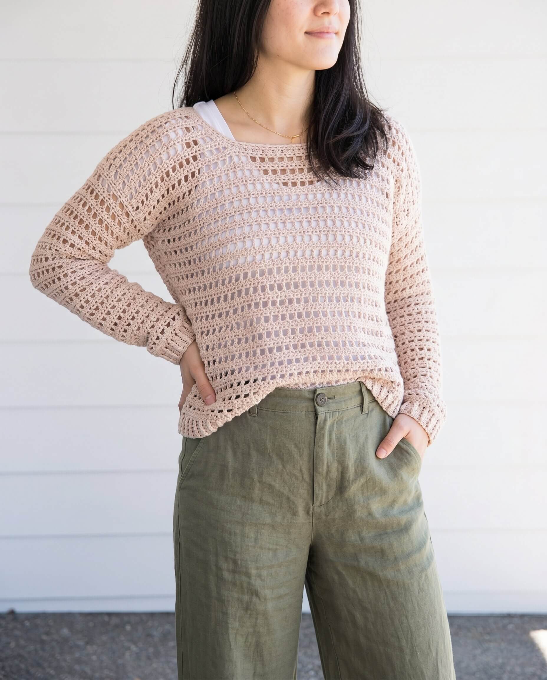 Summer Mesh Sweater with an open mesh stitch pattern in a light cotton yarn