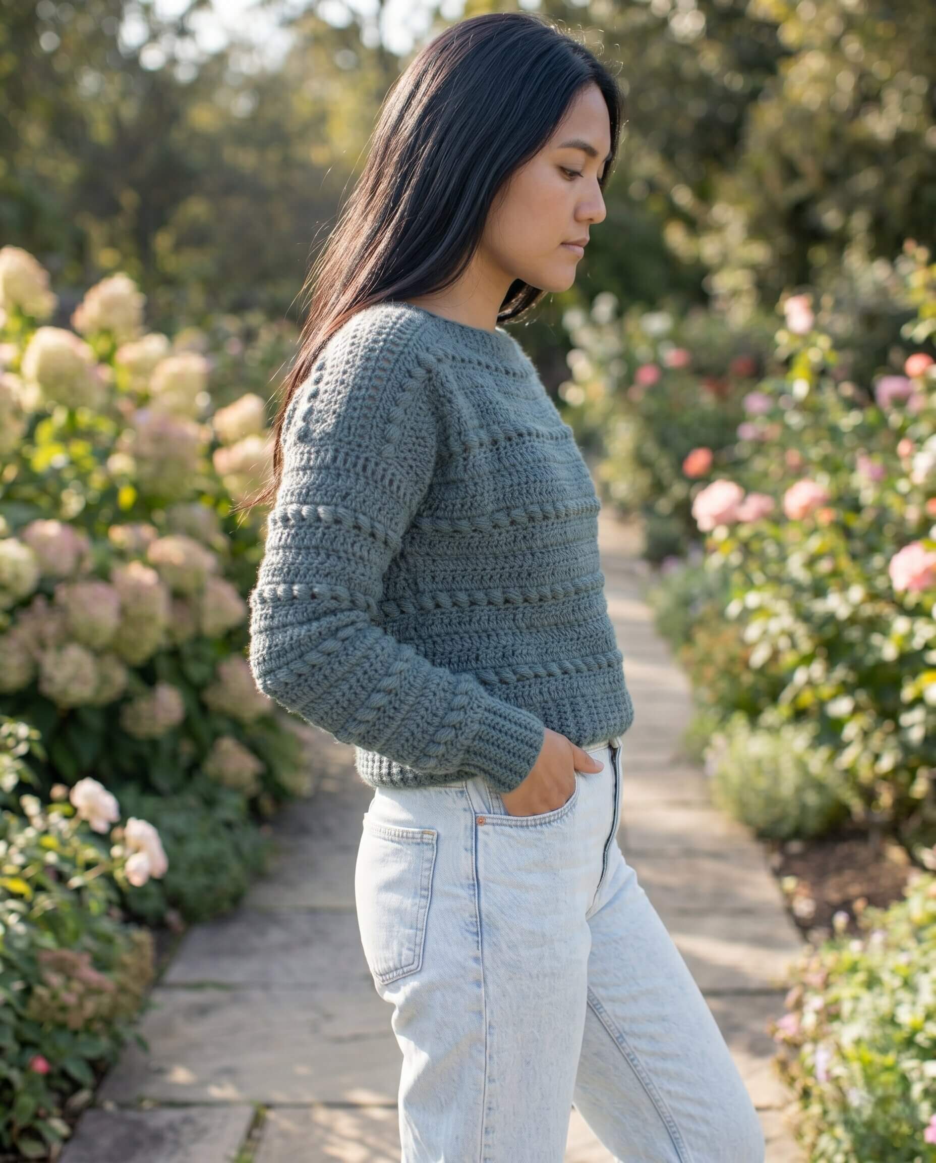 Bead Stitch Pullover with subtle textured stitches and ribbed cuffs