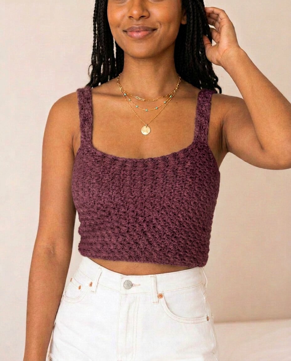 Fitted crochet crop top in dusty plum with a square neckline, thick straps, and a textured grit stitch throughout