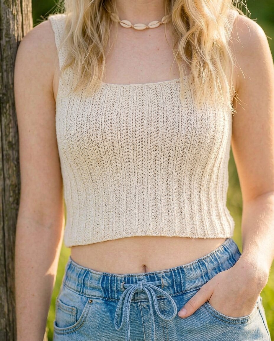 Cream crochet crop top with vertical ribbed texture, a square neckline, and thick set in straps