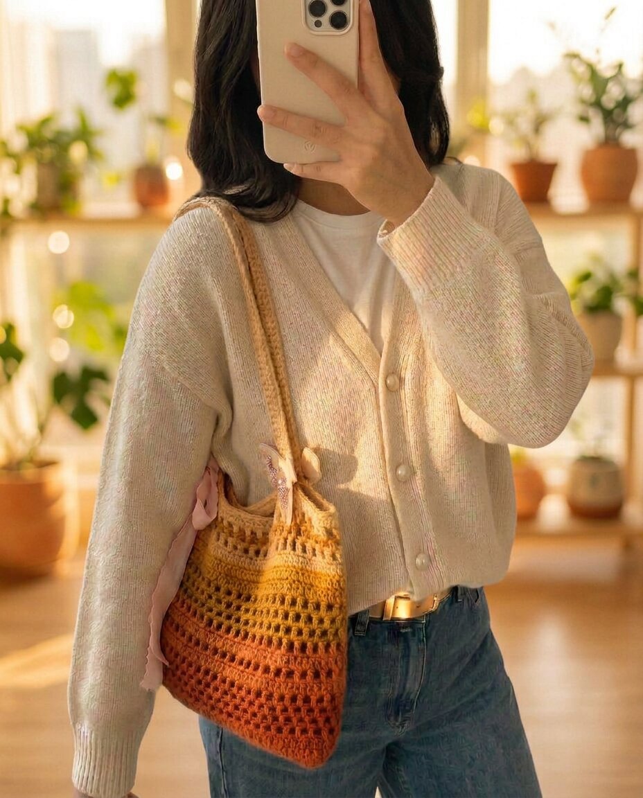 Crochet mesh shoulder bag with cream yellow and burnt orange ombre stripes and a slim cord style strap